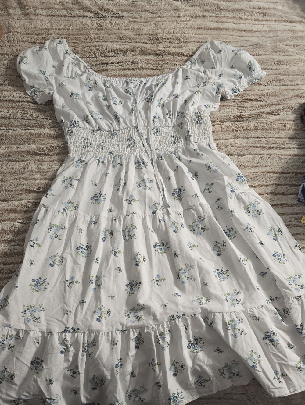 Celebrity Pink White Midi Dress with Blue Floral Print